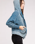 Zenana Acid Wash Cotton Waffle Hooded Zip-Up Jacket