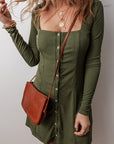 Knit Square Neck Buttoned Long Sleeve Mini Dress