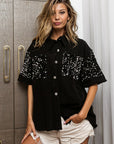 BiBi Sequin Detail Raw Hem Short Sleeve Shirt