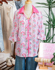 Floral Collared V-Neck Ruffle 3/4 Sleeve Shirt