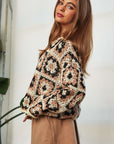 Davi & Dani Crochet Patchwork Round Neck Pullover Sweater Top