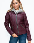 YMI Faux Layered Double-Zipper Jacket with Fuzzy Hood