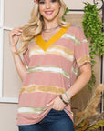 Celeste Full Size Striped Short Sleeve V-Neck T-Shirt