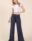 BOMBOM Elastic Waist Wide Leg Pants with Pockets