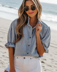 Chambray Ruffle Short Puff Sleeve Buttoned Shirt