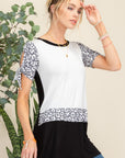 Celeste Full Size Open Tie Sleeve Leopard Color Blocked Top