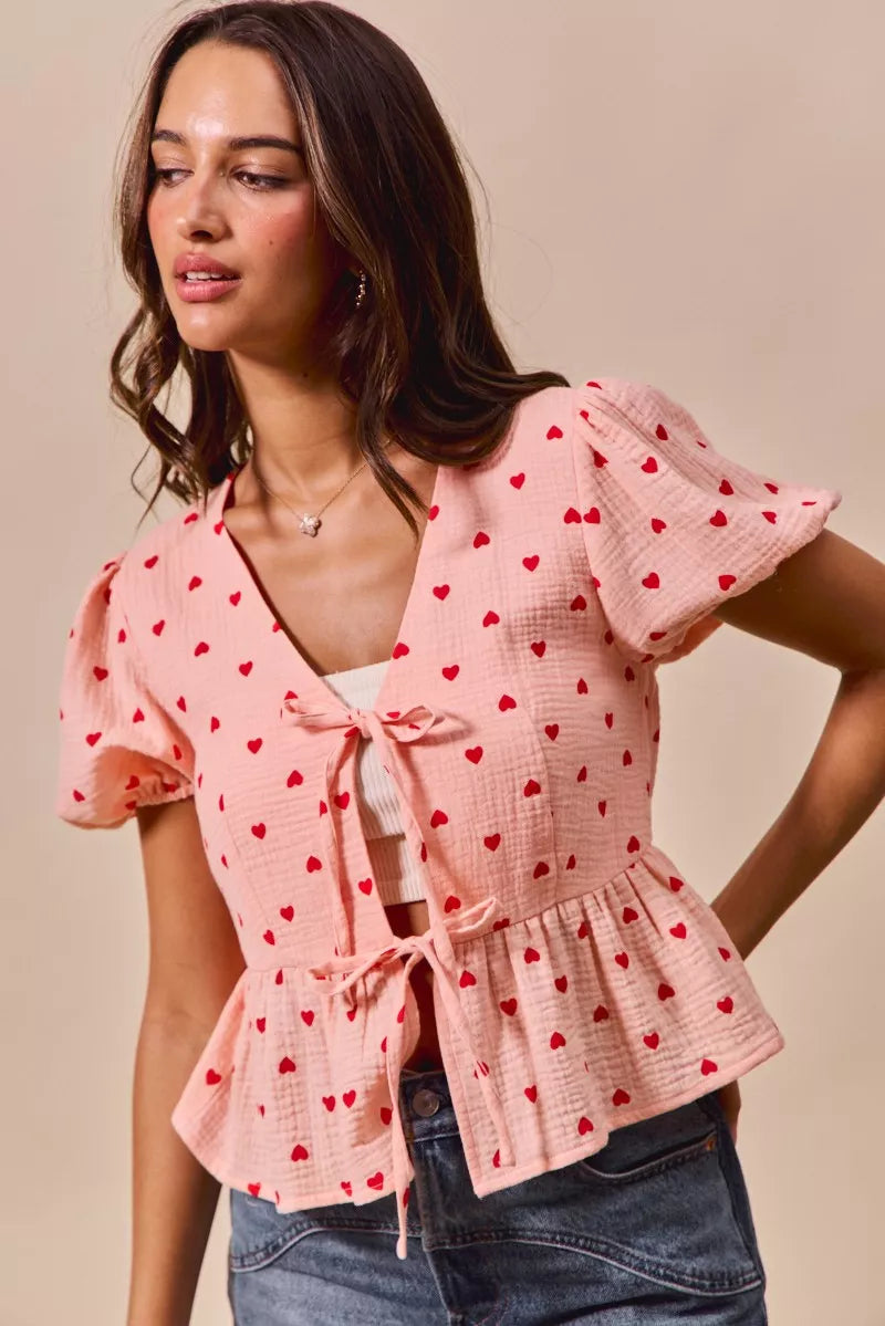 SO ME All Over Heart Ribbon Tie Baby Doll Valentine Blouse