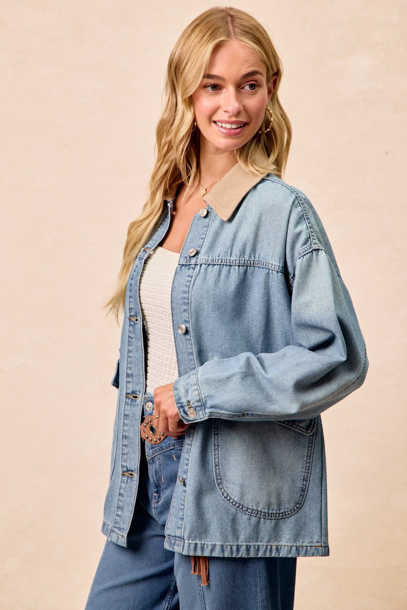 BiBi Washed Denim Contrast Collar Jacket