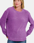 Zenana Chenille Waffle Round Neck Sweater