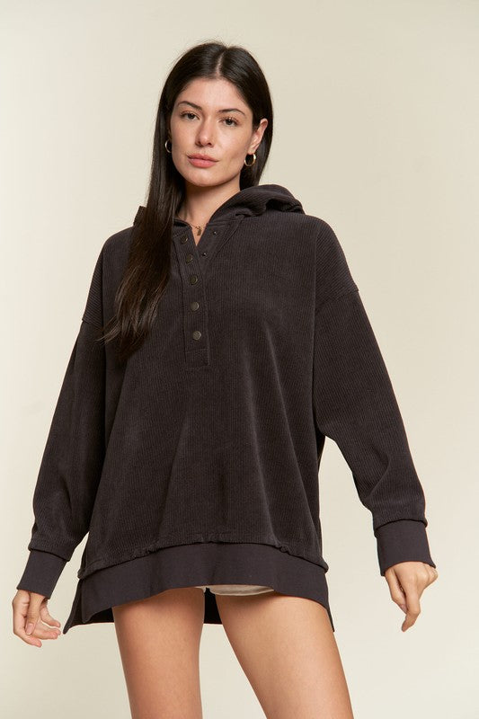 Jade By Jane Long Sleeve Button Down Ribbed Hooded Sweatshirt