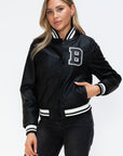 Love Me Now PU Leather Contrast Snap Down Bomber Jacket