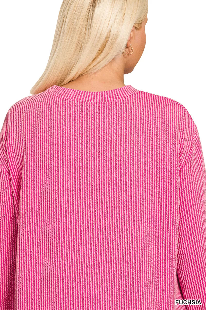 Zenana Full Size Raised Rib Round Neck Long Sleeve Top Plus Size in Fuchsia