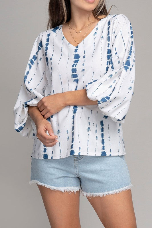 V -Neck Top with Balloon Sleeves