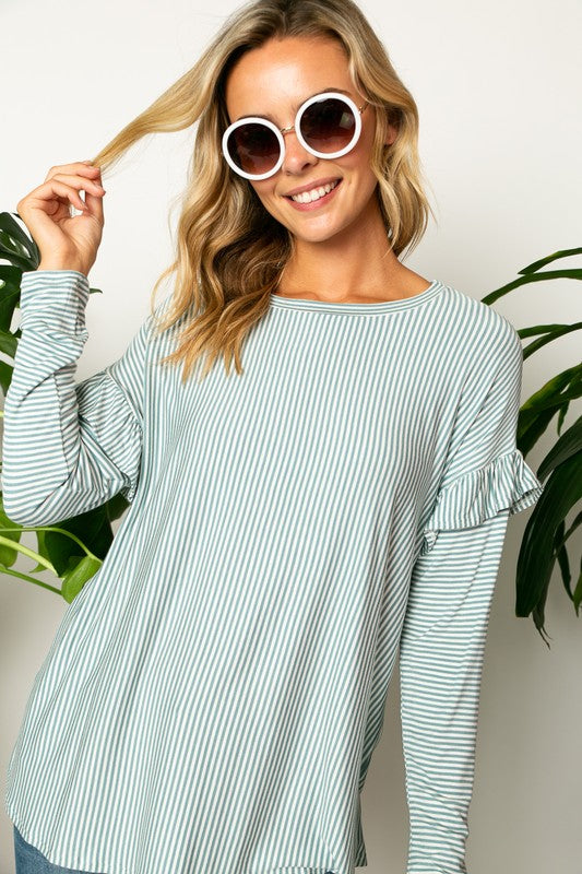 e Luna Pin Striped Ruffled Long Sleeve Top