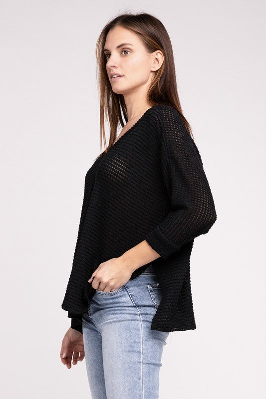 Zenana 3/4 Sleeve V-Neck Hi-Low Hem Jacquard Sweater