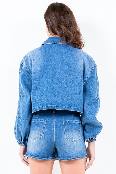 American Bazi Full Size Drop Shoulder Cropped Denim Jacket with Waist Strap Plus Size