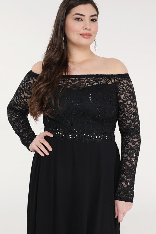 La Scala Plus Size Long Sleeve Lace and Chiffon Gown