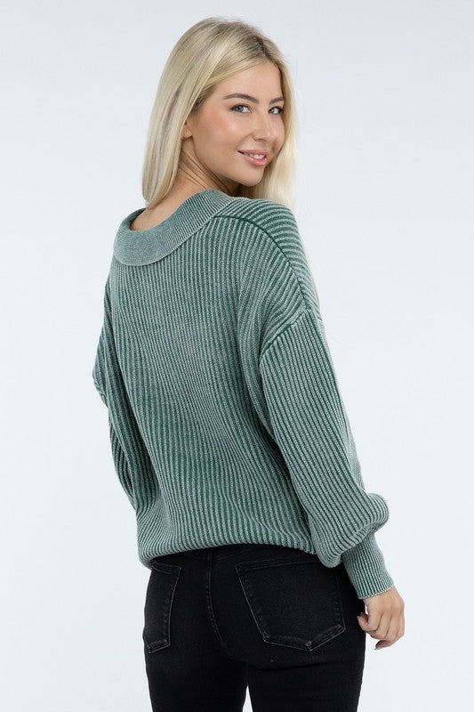 ZENANA Washed Collared Henley Sweater