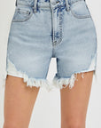 RISEN High Rise Side Step Hem Denim Shorts