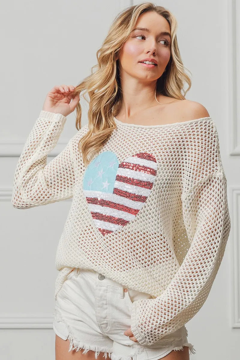 BiBi Sequin American Flag Heart Knit Cover Up