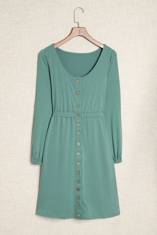 Solid Button-Up Scoop Neck Dress