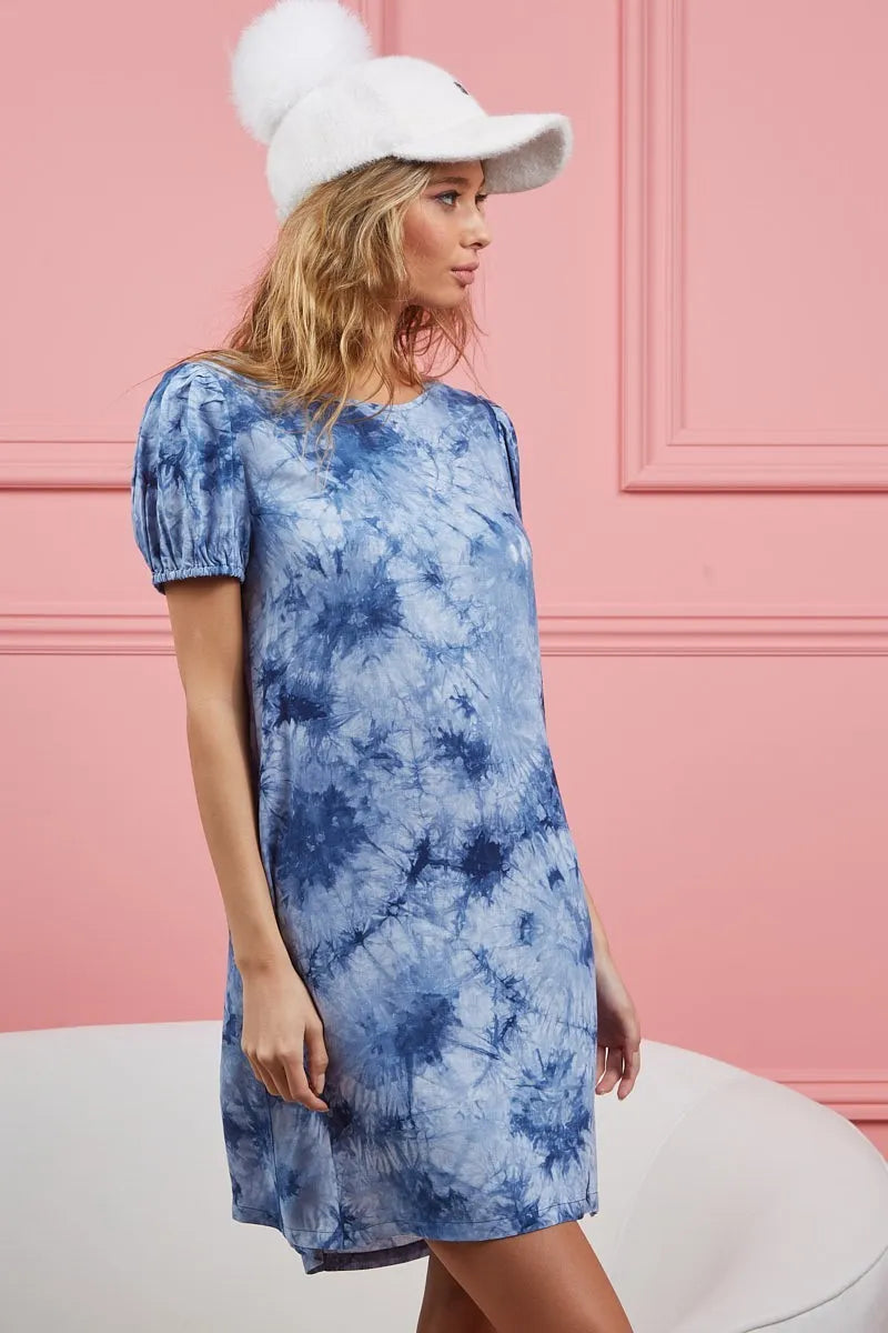 BiBi Puff Sleeve With Side Pockets Tie Dye Dress