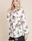 Super Lady Full Size Babydoll Floral Boat Neck Long Sleeve Blouse