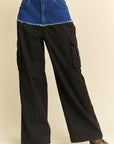 Davi & Dani Denim Patchwork Wide Leg Pants with Cargo Pockets