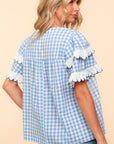 Haptics Full Size Plaid Scallop Hem Notched Short Sleeve Blouse