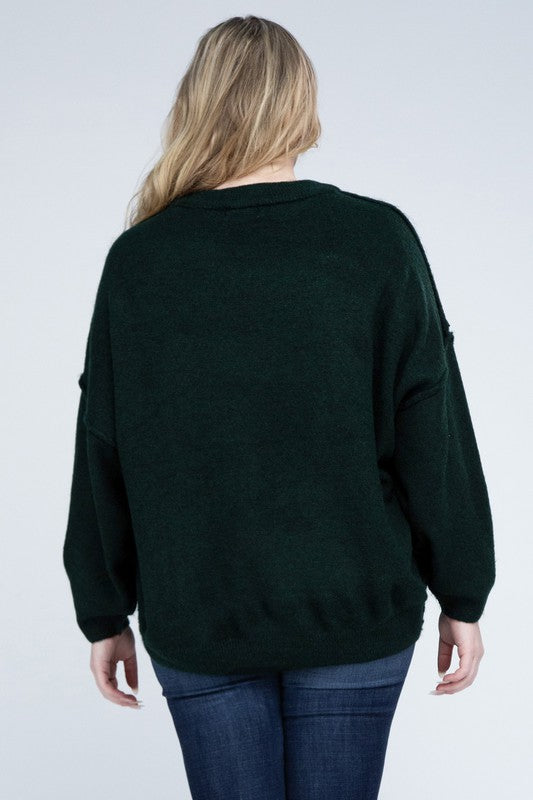 Zenana Plus Oversized Round Neck Raw Seam Melange Sweater