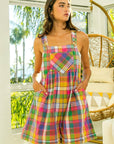 BiBi Bleached Vintage Plaid Wide Leg Overalls with Pockets