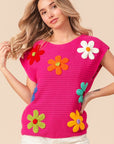 BiBi Flower Round Neck Cap Sleeve Knit Top