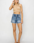 RISEN High Rise Seam Detailed Raw Edge Denim Shorts