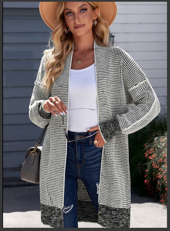 Gray Plaid Knitted Long Open Front Cardigan