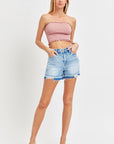 RISEN High Rise Distressed Hem Denim Shorts