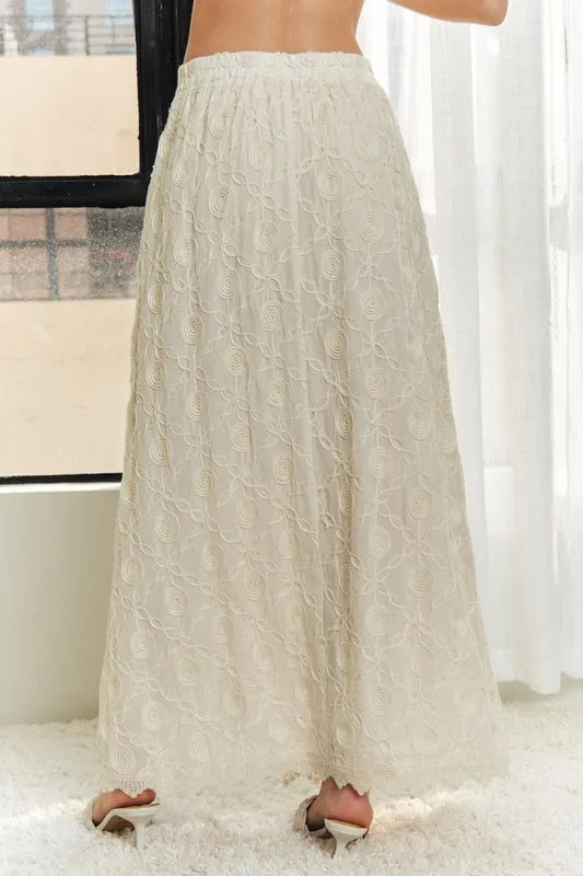 ADORA Elastic Waist Applique Maxi Skirt in Beige