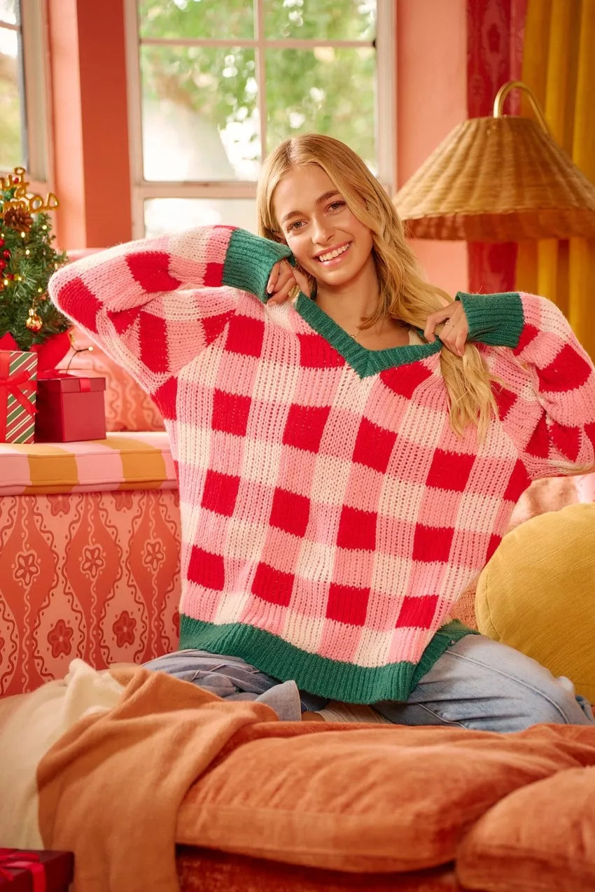 BiBi Christmas Theme Checker Board Sweater