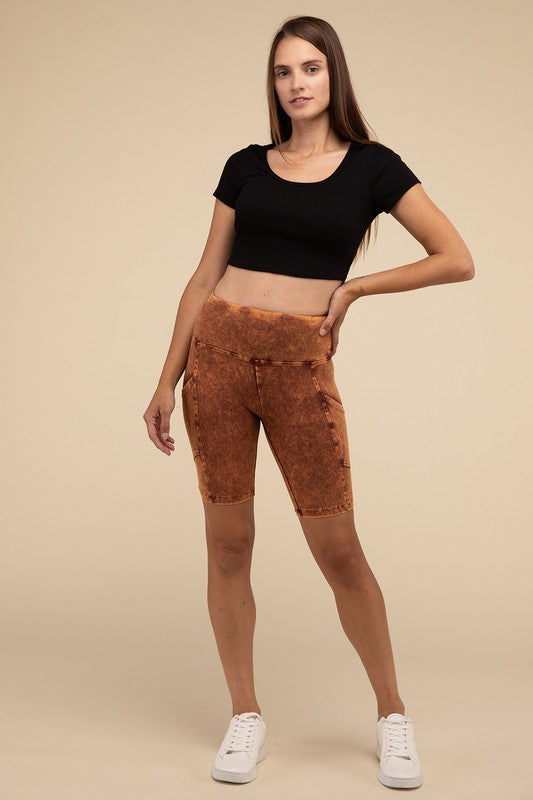 ZENANA Mineral Wash Wide Waistband Pocket Leggings