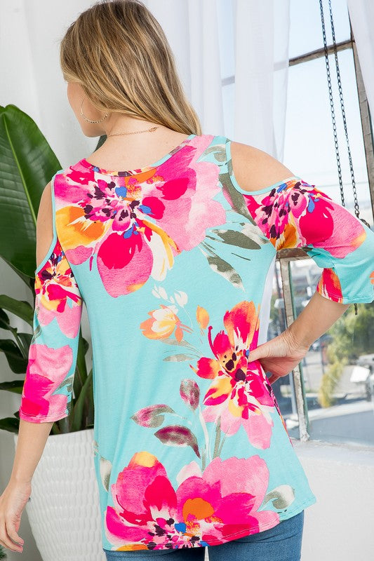 e Luna Allover Floral Cold Shoulder Top