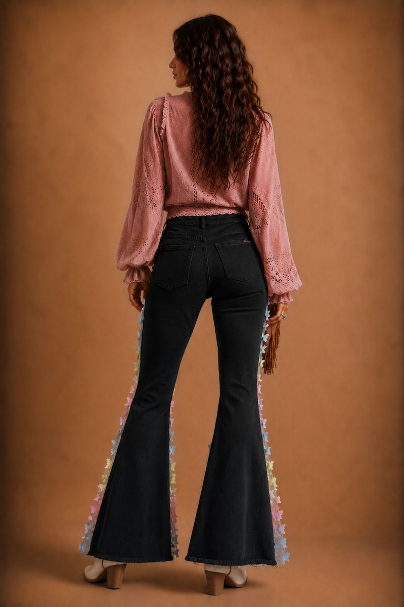 GJG Denim Mariposa Muse Butterfly Lace Bell Bottom Jeans — Black