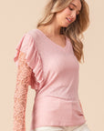 BiBi Ruffled Lace Sleeve Rib Knit Top