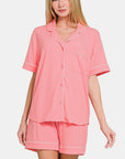 Zenana Button Down Short Sleeve Top and Shorts Lounge Set