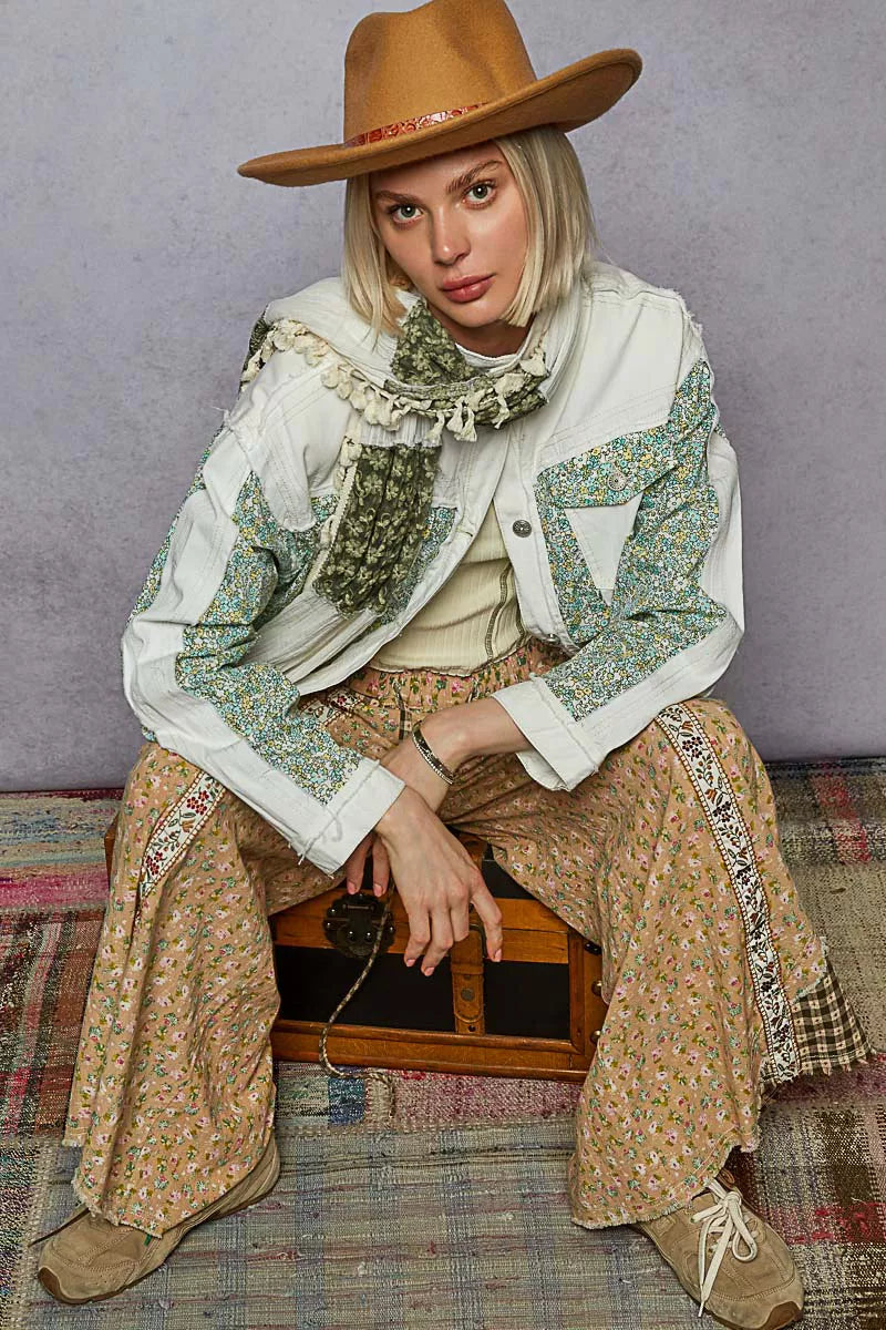 POL Button Down Patchwork Denim Jacket with Floral Print Details