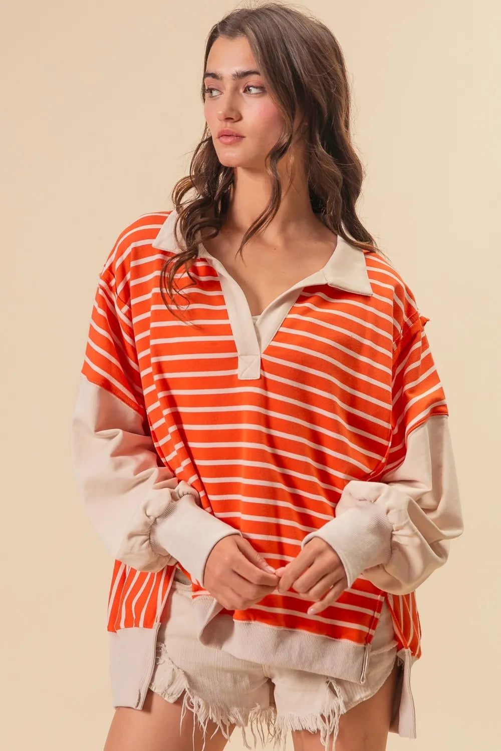 BiBi Stripe Knit Loose Fit Top With Cut Edge Detail in Orange
