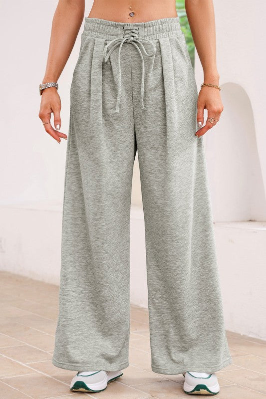 Solid Tied High-Waist Pleated Sweatpants
