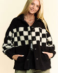 Davi & Dani Full Size Checkered Snap Down Faux Fur Jacket