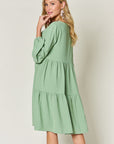 Double Take Full Size V-Neck Balloon Sleeve Tiered Dress with Pockets