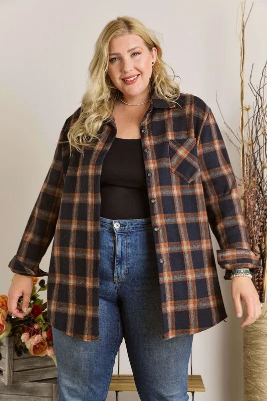 ADORA Full Size Button Down Flannel Shirt Plus Size in Blue