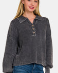 Zenana Washed Half Button Long Sleeve Sweater