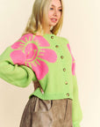 Davi & Dani Flower Contrast Round Neck Long Sleeve Cardigan